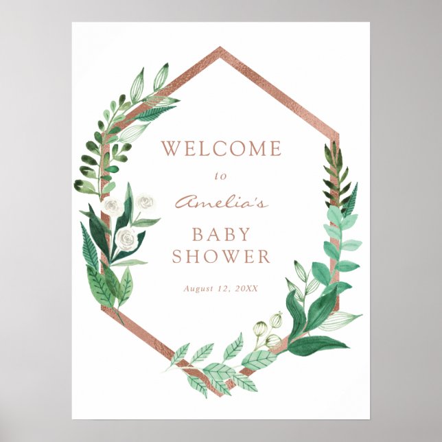 Välkomstskylt för baby shower med guldram och euka poster (Framsidan)
