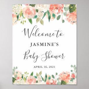 Välkomstskylt för baby shower med korallrosa peon poster