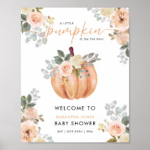 Välkomstskylt för baby shower med lilla pumpa och