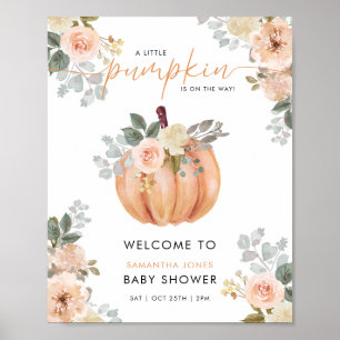 Välkomstskylt för baby shower med lilla pumpa och  poster