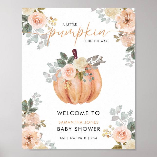 Välkomstskylt för baby shower med lilla pumpa och  poster (Framsidan)