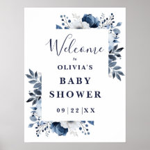 Välkomstskylt för baby shower med marinblå lantlig