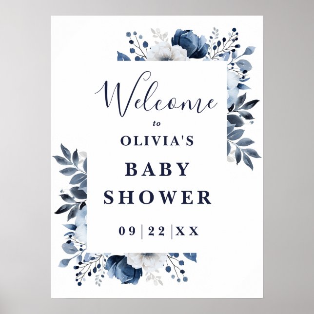 Välkomstskylt för baby shower med marinblå lantlig poster (Framsidan)