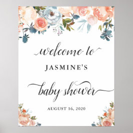 Välkomstskylt för baby shower med persikoblommor poster