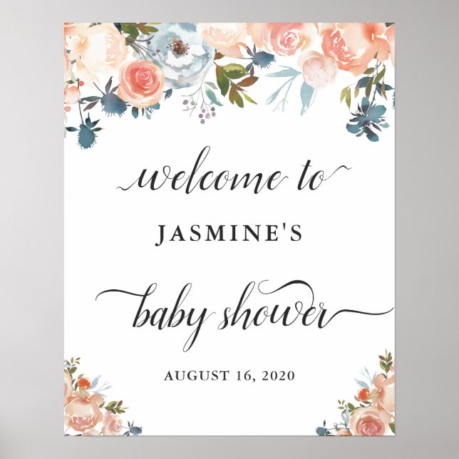 Välkomstskylt för baby shower med persikoblommor poster (Framsidan)