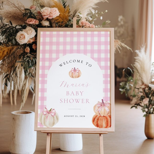 Välkomstskylt för Baby Shower med Pumpa Rosa Rutig Poster (Skapare uppladdad)