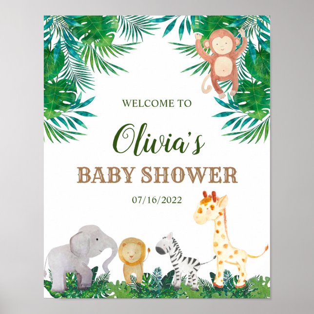 Välkomstskylt för baby shower med safari-djur poster (Framsidan)