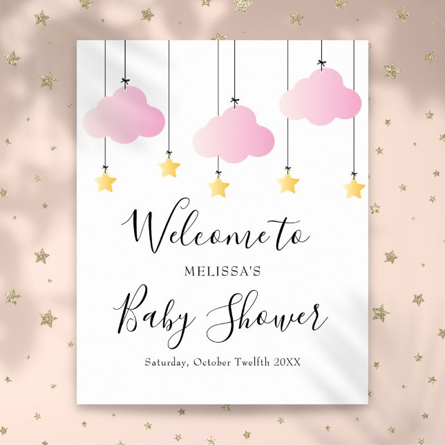 Välkomstskylt för baby shower med smått flickigt t poster (Twinkle Twinkle Pink Girl Baby Shower Welcome Sign)