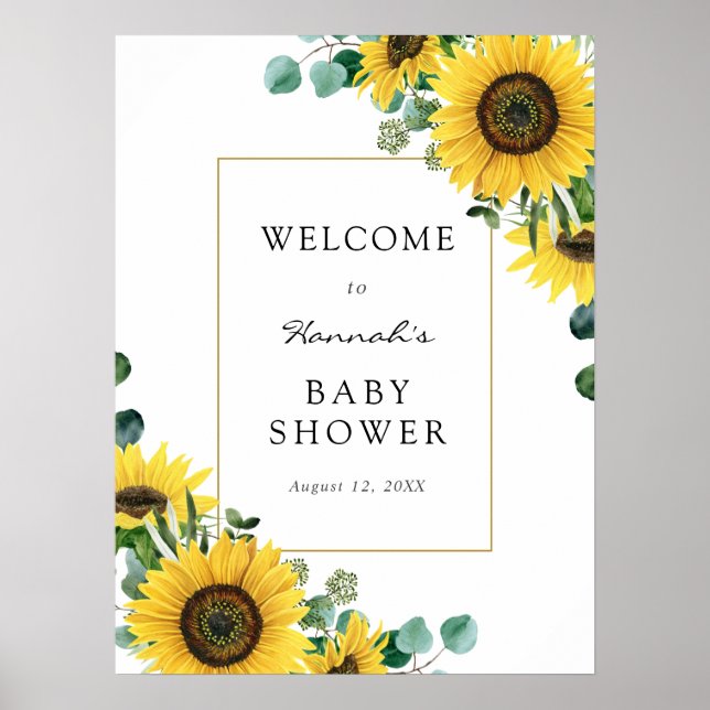 Välkomstskylt för baby shower med solrosor och euk poster (Framsidan)