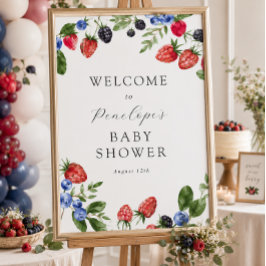 Välkomstskylt för baby shower med söta bär poster