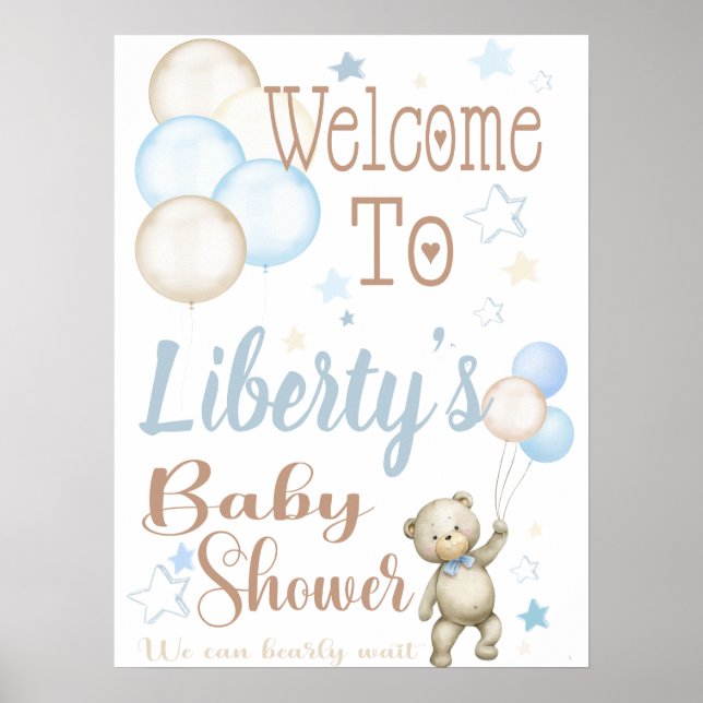 Välkomstskylt för baby shower med teddybjörn i blå poster (Framsidan)
