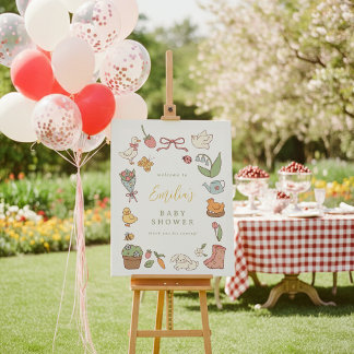 Välkomstskylt för baby shower med vårträdgårdsdjur poster