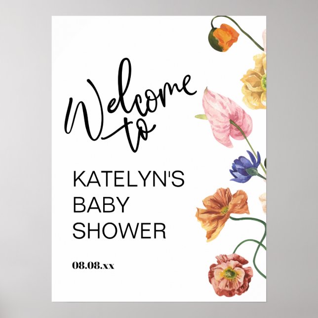 Välkomstskylt för baby shower med vilda blommor  poster (Framsidan)