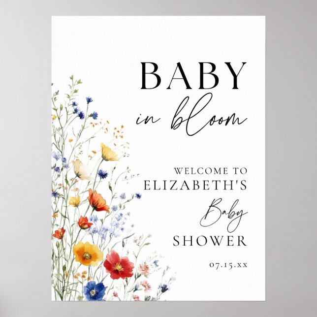 Välkomstskylt för baby shower med vilda blommor -  poster (Framsidan)