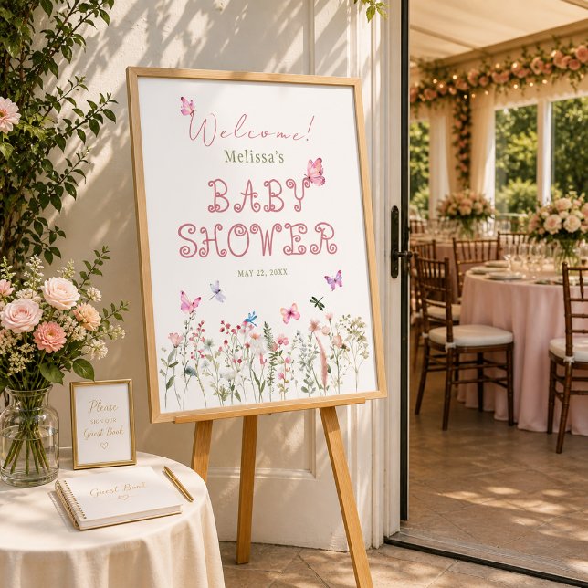 Välkomstskylt för baby shower med vildblommor flic poster (Welcome guests beautifully with this wildflower baby shower entrance poster)