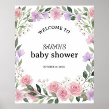 Välkomstskylt för baby shower med vildblomskrans