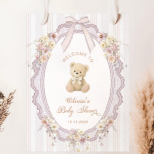Välkomstskylt för baby shower med vintage teddybjö poster