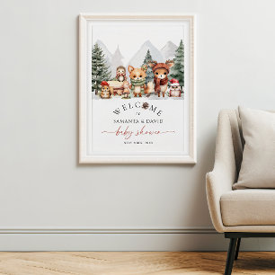 Välkomstskylt för baby shower med vinter skogsdjur poster