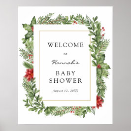 Välkomstskylt för baby shower med vintergrönska poster
