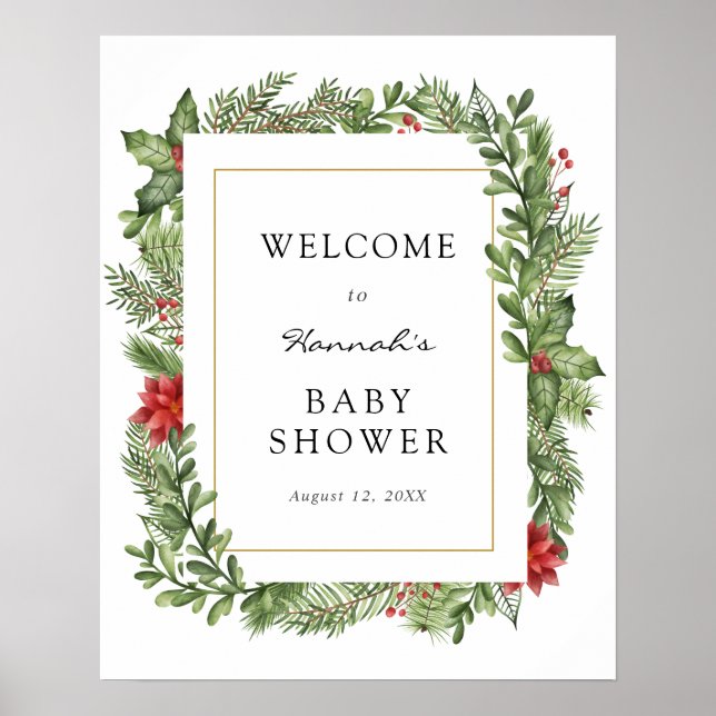 Välkomstskylt för baby shower med vintergrönska poster (Framsidan)