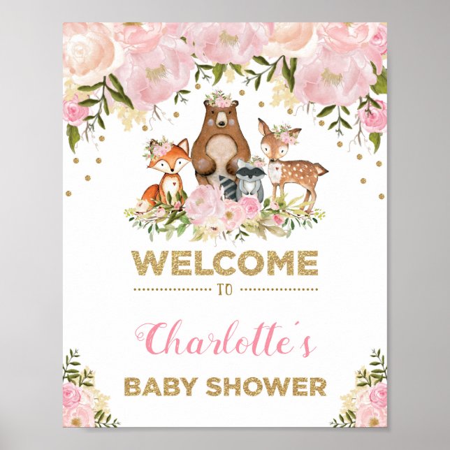 Välkomstskylt för Baby Shower Rosa Blommigt Poster (Framsidan)