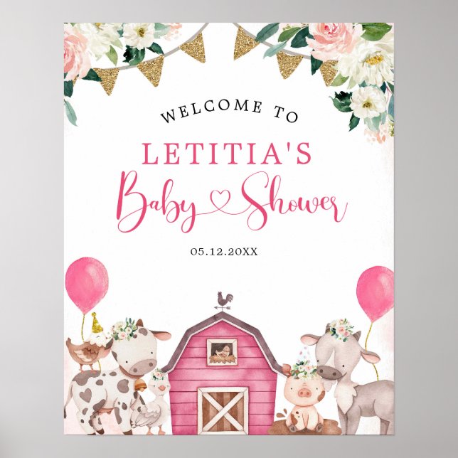 Välkomstskylt för Baby Shower Rosa Farm Baby Showe Poster (Framsidan)