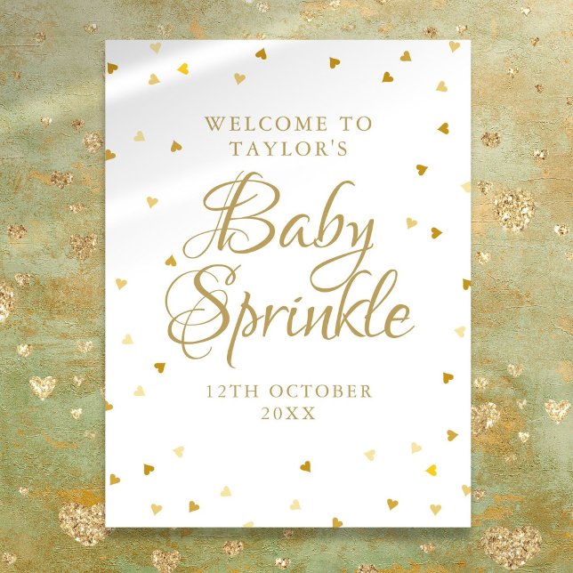 Välkomstskylt för baby sprinkle med guldhjärtan poster (Gold Hearts Baby Shower Sprinkle Welcome Sign)