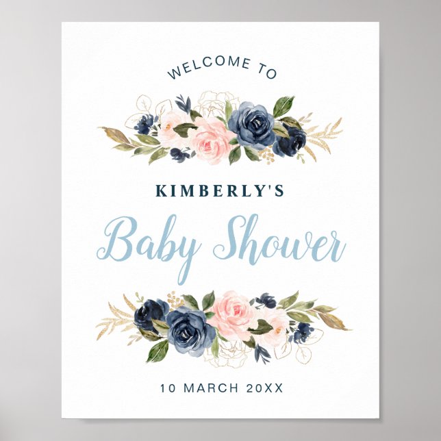 Välkomstskylt för babydusch för marin och  blommig poster (Framsidan)
