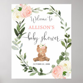 Välkomstskylt för babydusch för nallens rosa blomm poster
