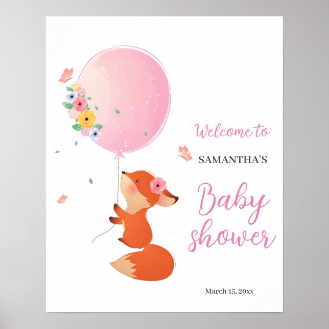 Välkomstskylt för babydusch för rosa blommigt-ball poster (Framsidan)