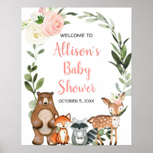 Välkomstskylt för babydusch för Woodland rosa blom Poster