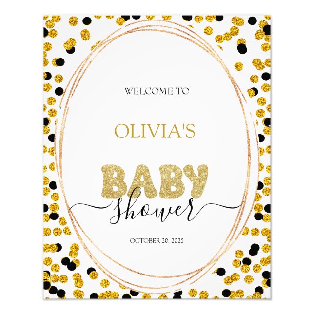Välkomstskylt för babydusch i Black and guld Fototryck (Framsidan)