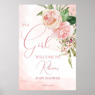 Välkomstskylt för babydusch i elegant  rosa ros poster