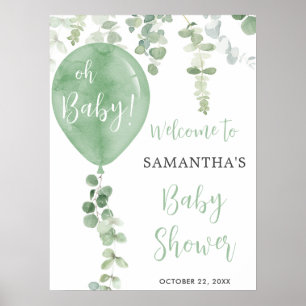 Välkomstskylt för babydusch i grönt-ballong poster