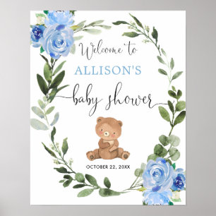 Välkomstskylt för babydusch i nallens blå blommigt poster