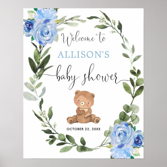 Välkomstskylt för babydusch i nallens blå blommigt poster (Framsidan)
