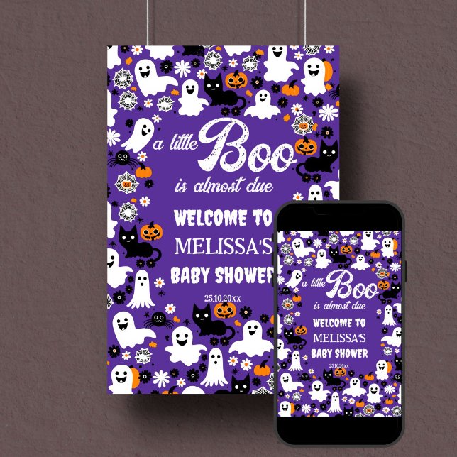 Välkomstskylt för babydusch poster (Little boo retro groovy Halloween baby shower welcome sign template poster instant download purple)