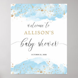 Välkomstskylt för babyduschbojsknappen i guld poster