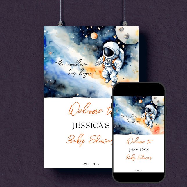Välkomstskylt för babyduschdusch i rymden poster (Outer space astronaut baby shower editable template welcome sign poster digital download watercolor)