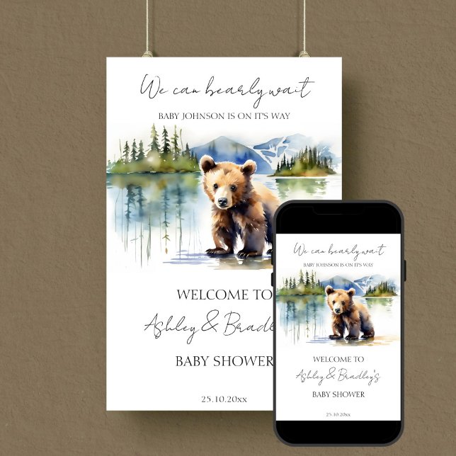Välkomstskylt för babyduschen i äventyr poster (Bearly wait adventure awaits national parks themed baby shower welcome sign template download)