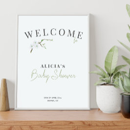 Välkomstskylt för babyduschen i blommigt blå vår poster