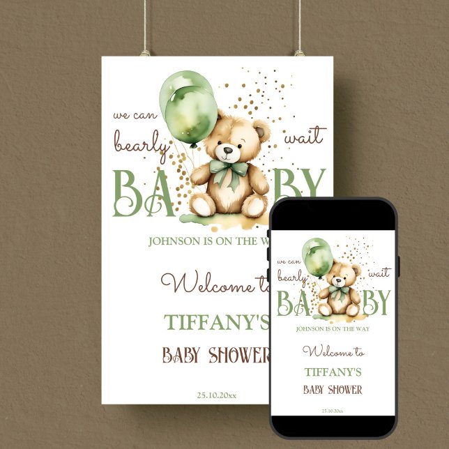 Välkomstskylt för babyduschen i grönten för tidig  poster (Bearly wait sage green teddy bear baby shower welcome sign editable template poster digital download)