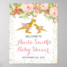 Välkomstskylt för babyduschen i rosa och Guld Dino