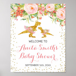 Välkomstskylt för babyduschen i rosa och Guld Dino Poster