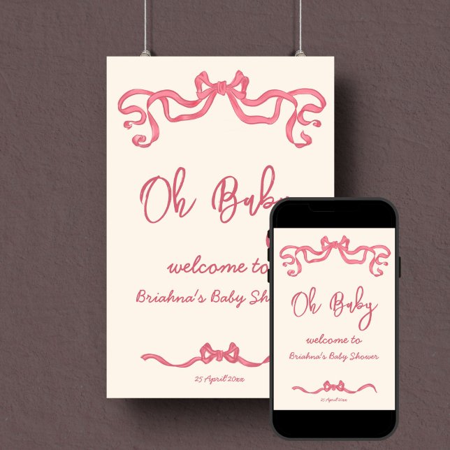 Välkomstskylt för babyduschsketch för rosa poster (Pink ribbon bow sketch baby shower welcome sign poster template digital download personalized decor)