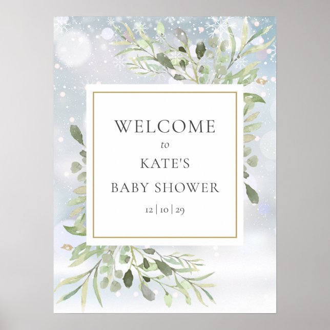 Välkomstskylt för babyfirande med vintergrönska poster (Framsidan)