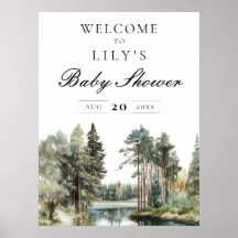 Välkomstskylt för babyshower med akvarellsjöskog