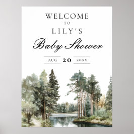 Välkomstskylt för babyshower med akvarellsjöskog poster