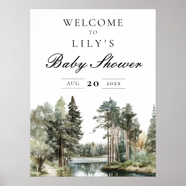 Välkomstskylt för babyshower med akvarellsjöskog poster (Framsidan)