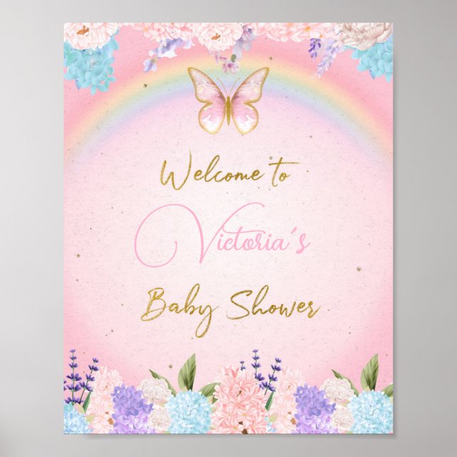 Välkomstskylt för babyskor, Butterflies Rainbow Poster (Framsidan)